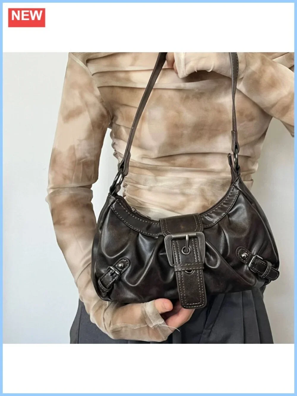 Washed Faux Leather Y2K Hobo Shoulder Bag Buckle Handbag Small Punk Purse